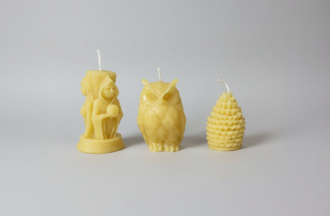 Hand-Poured Pure Vacaville Beeswax - Pine Cone, Owl, or Maiden Mother Crone ($10- $15 -$19)